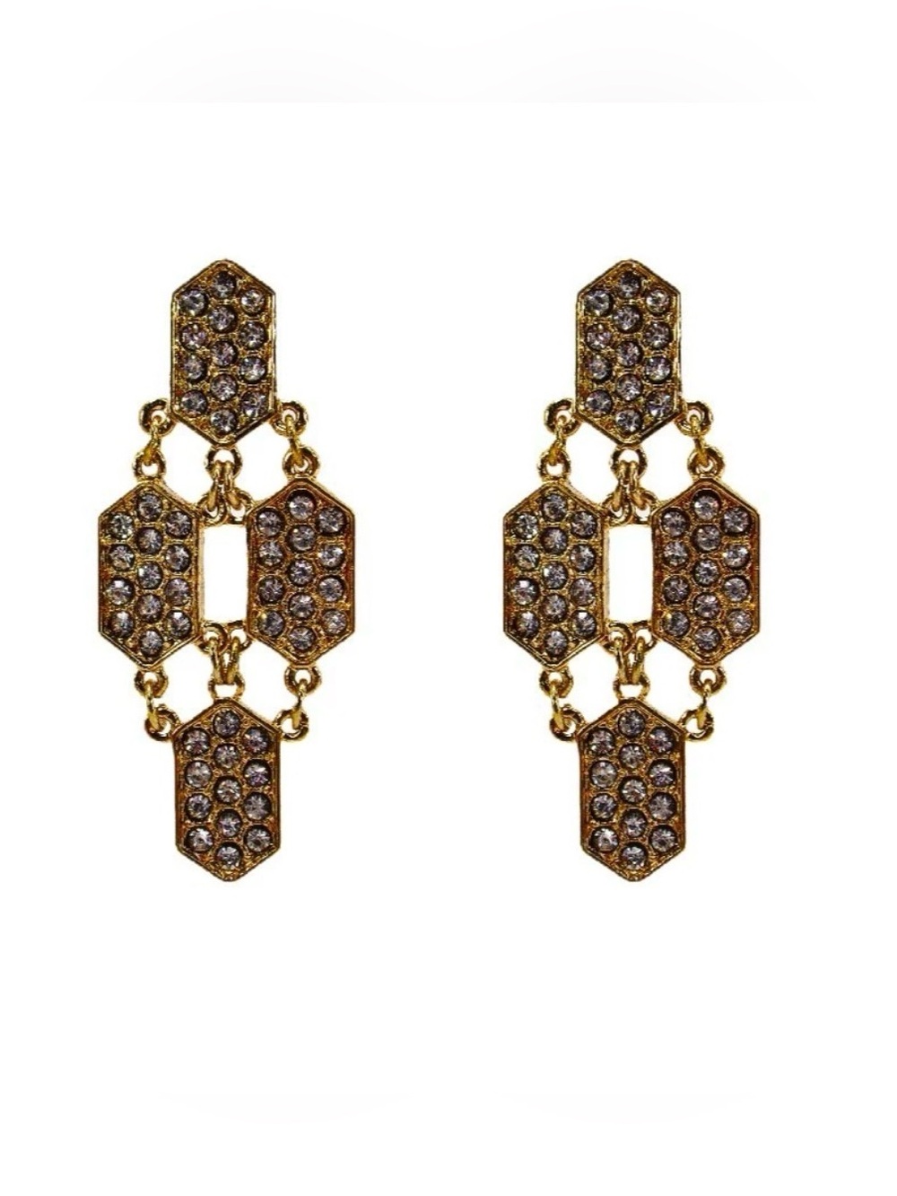 Long clear crystal earrings, gold plated finish, dramatic elegant statement New